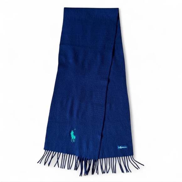 Vintage Polo Ralph Lauren Scarf Navy Green Pony Fringe Fleece Winter Preppy 90s - Picture 3 of 5